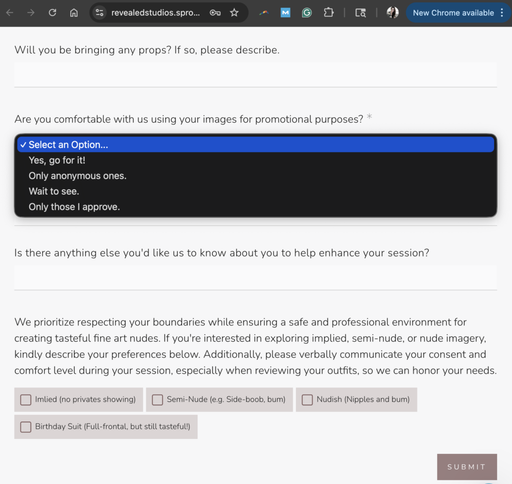 a photo of a questionnaire form about boudoir privacy